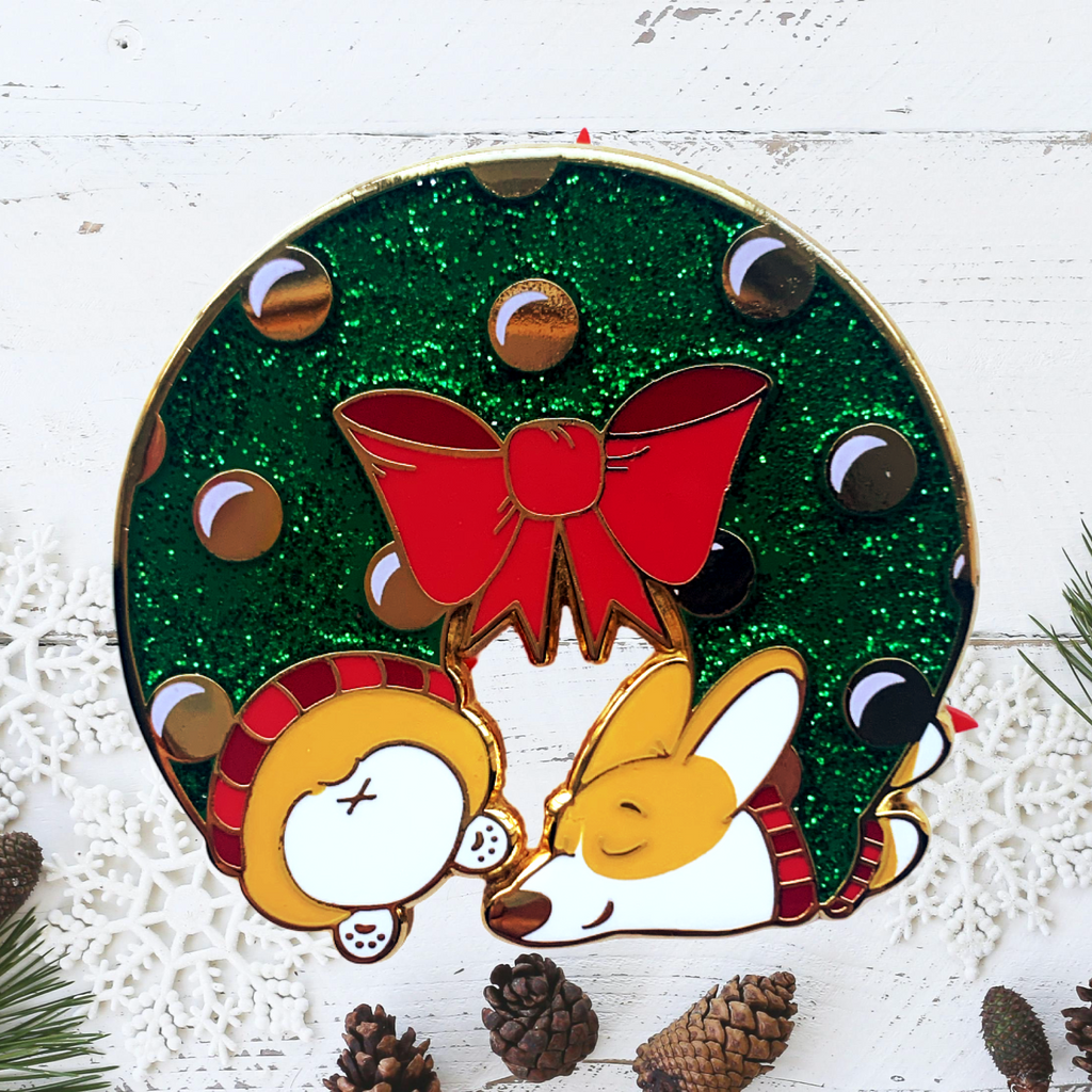 Merry Sniffmas Corgi Wreath Hard Enamel Pins - Momo Patch
