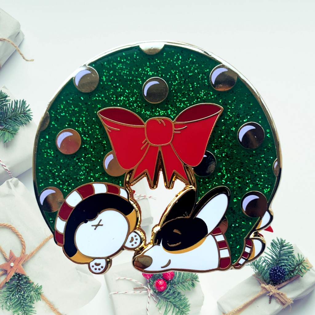 Merry Sniffmas Corgi Wreath Hard Enamel Pins - Momo Patch