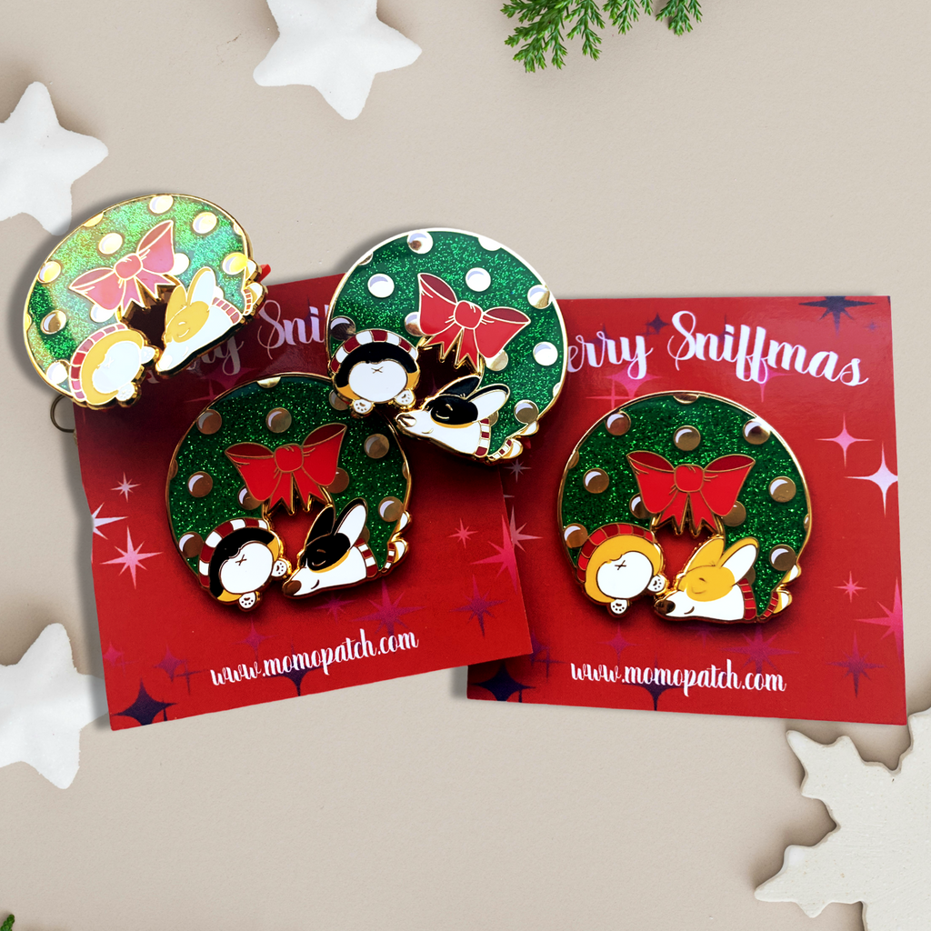 Merry Sniffmas Corgi Wreath Hard Enamel Pins - Momo Patch