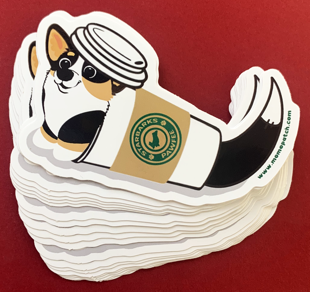 Starbarks Pawfee Coffee TRI Corgi Die Cut Vinyl Glossy Sticker - Momo Patch