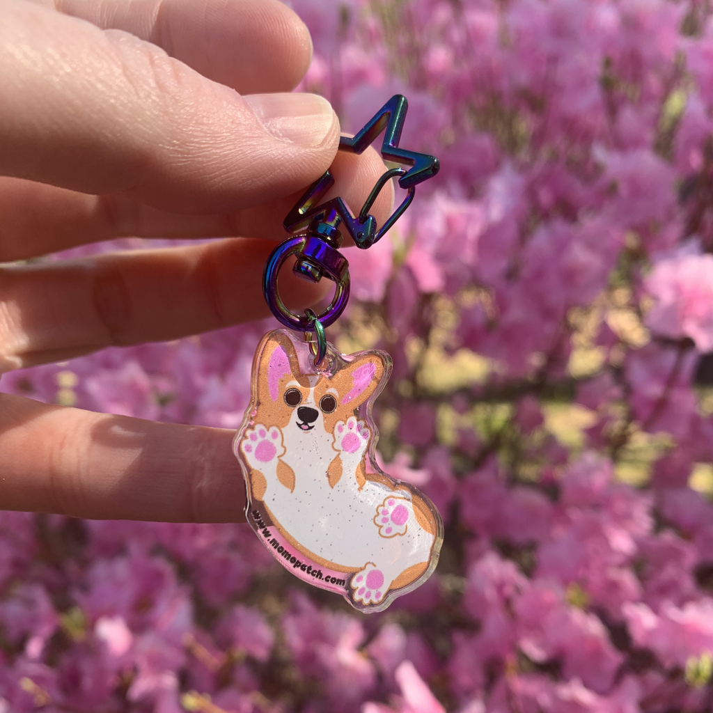 Bottoms Up Double Acrylic Pembroke Welsh Corgi Glitter Resin Dome Keychains - Momo Patch