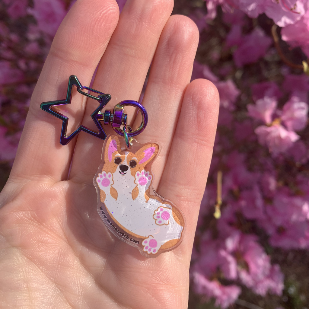 Bottoms Up Double Acrylic Pembroke Welsh Corgi Glitter Resin Dome Keychains - Momo Patch