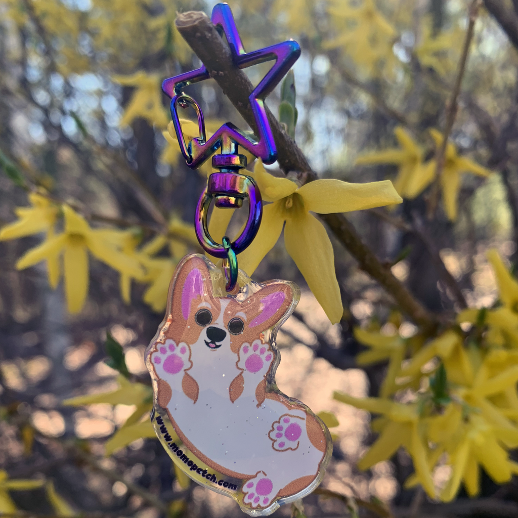 Bottoms Up Double Acrylic Pembroke Welsh Corgi Glitter Resin Dome Keychains - Momo Patch