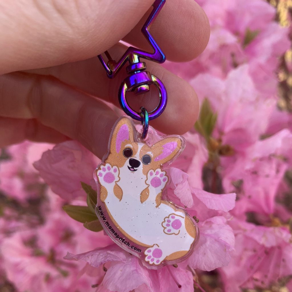 Bottoms Up Double Acrylic Pembroke Welsh Corgi Glitter Resin Dome Keychains - Momo Patch
