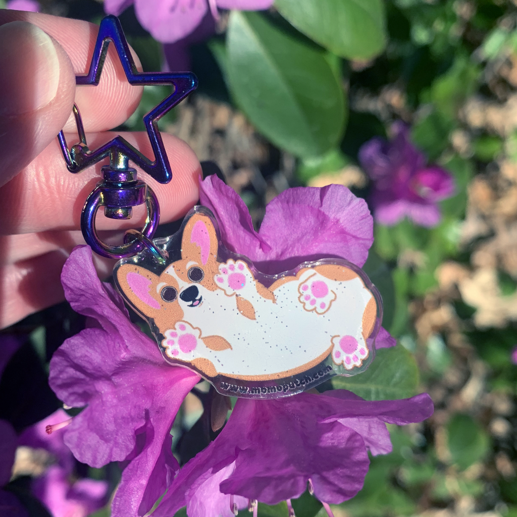 Bottoms Up Double Acrylic Pembroke Welsh Corgi Glitter Resin Dome Keychains - Momo Patch