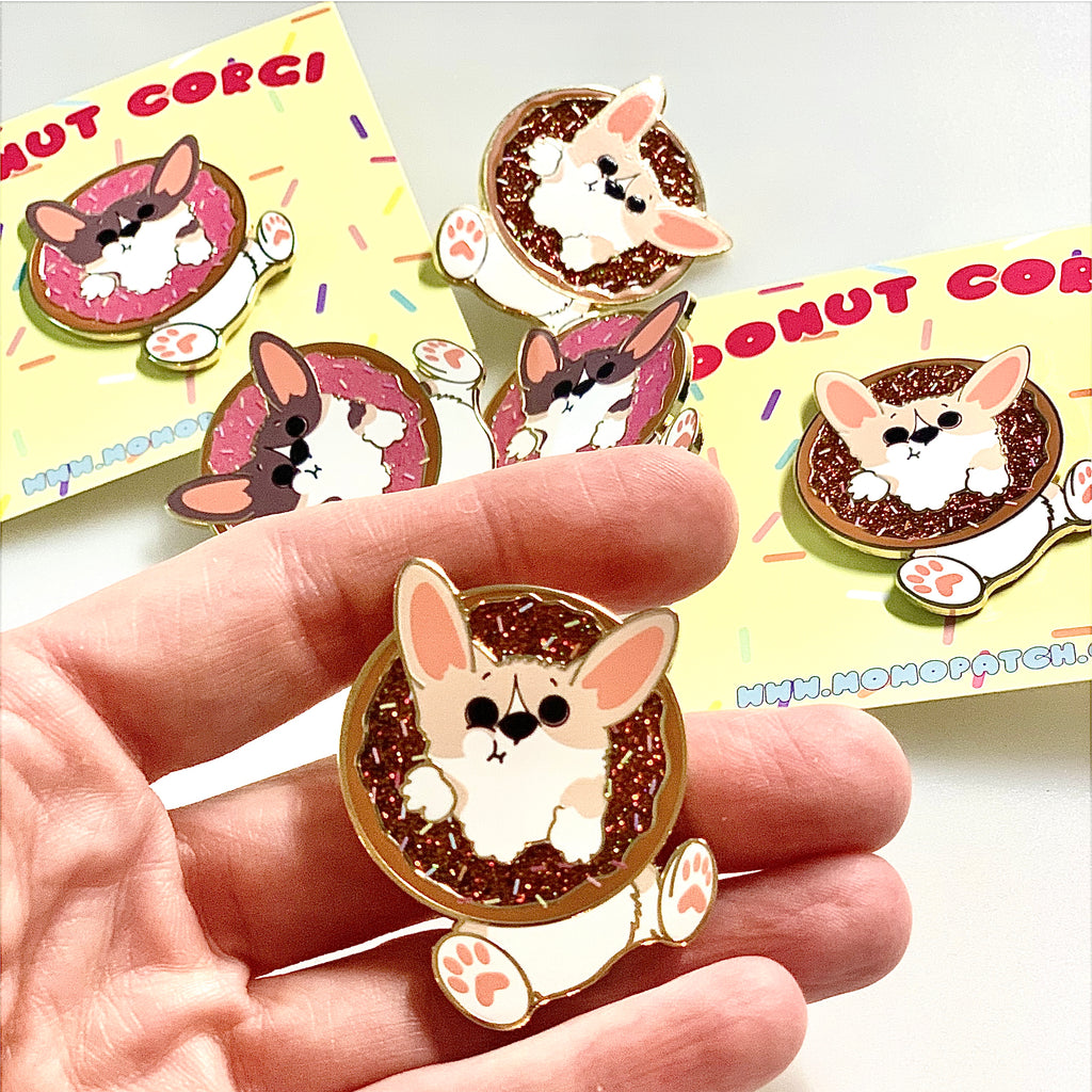 Donut Pembroke Welsh Corgi Glitter Enamel Pin w/ Chocolate or Strawberry Icing and Sprinkles / Fawn / Tri Color - Momo Patch