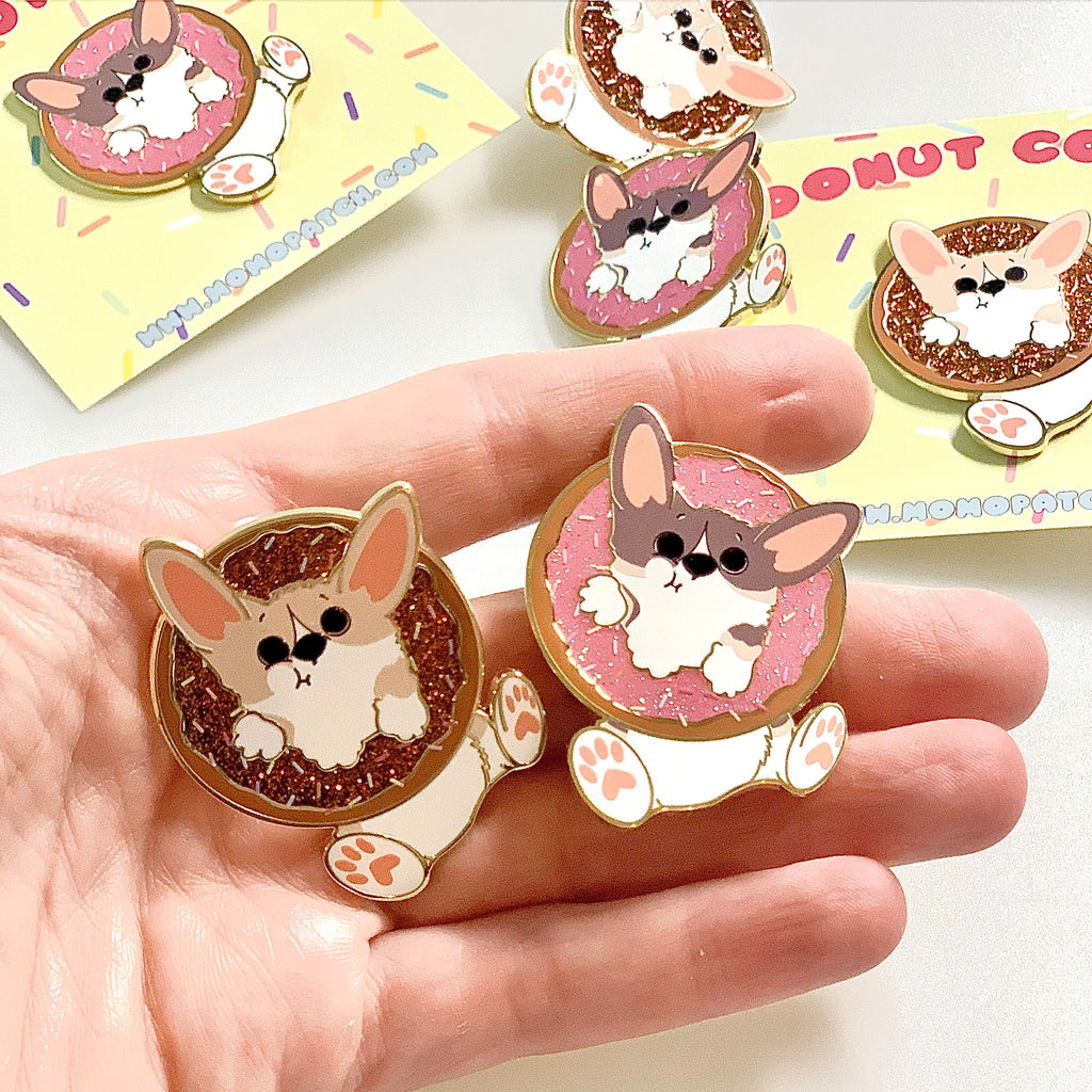 Donut Pembroke Welsh Corgi Glitter Enamel Pin w/ Chocolate or Strawberry Icing and Sprinkles / Fawn / Tri Color - Momo Patch
