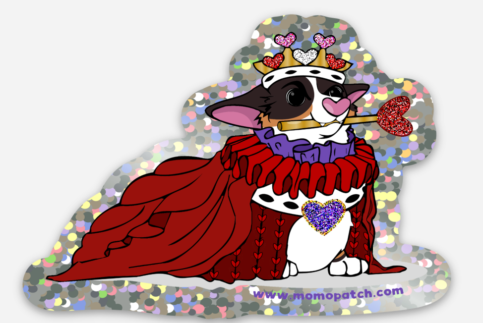 Queen of Hearts Tri Corgi Alice in Wonderland Vinyl Glitter Sticker - Momo Patch
