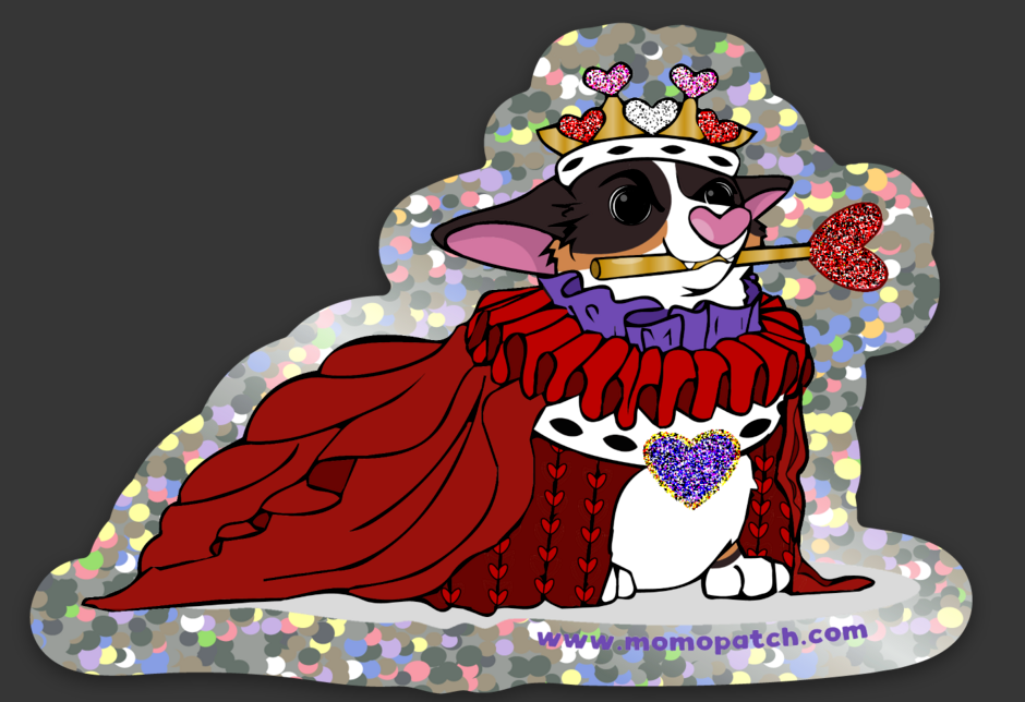 Queen of Hearts Tri Corgi Alice in Wonderland Vinyl Glitter Sticker - Momo Patch