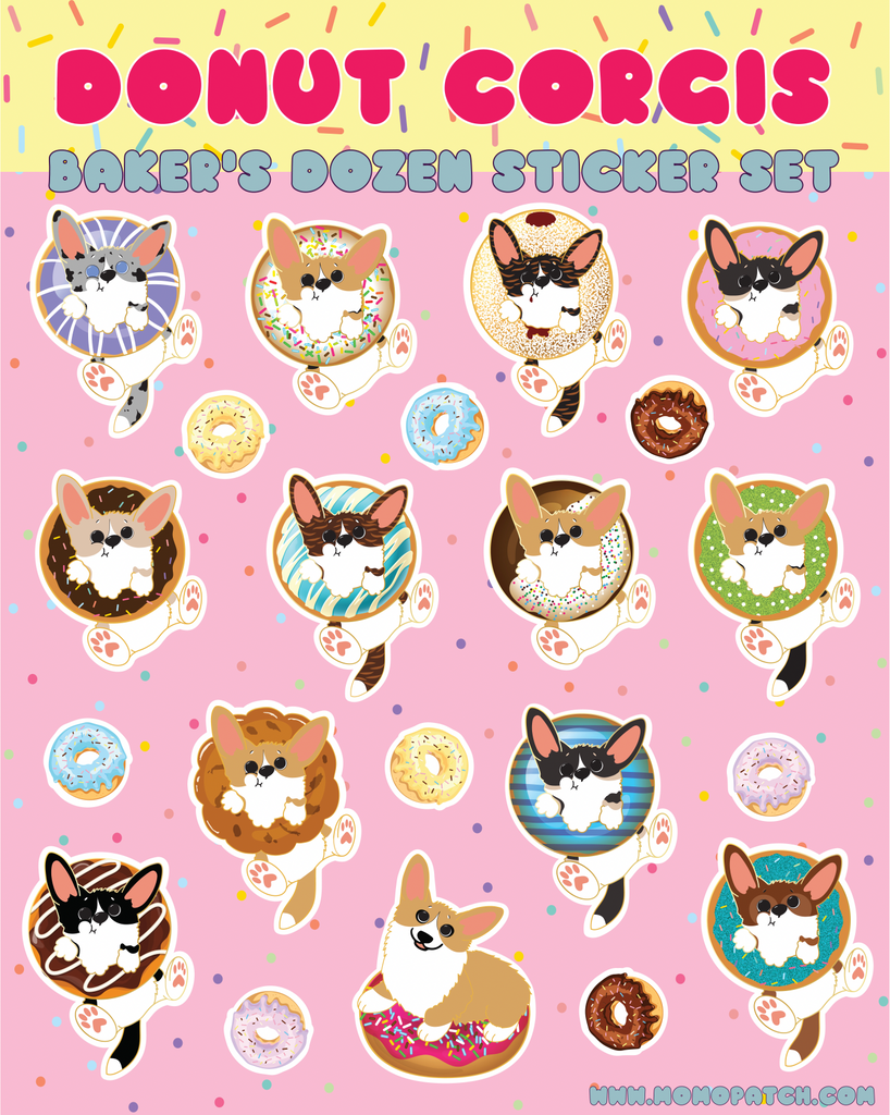 Donut Corgi Vinyl Kiss Cut Sticker Sheet Pembroke and Cardigan Corgis - Momo Patch