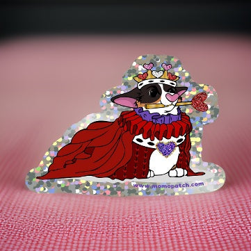Queen of Hearts Tri Corgi Alice in Wonderland Vinyl Glitter Sticker - Momo Patch