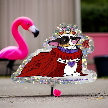 Queen of Hearts Tri Corgi Alice in Wonderland Vinyl Glitter Sticker - Momo Patch