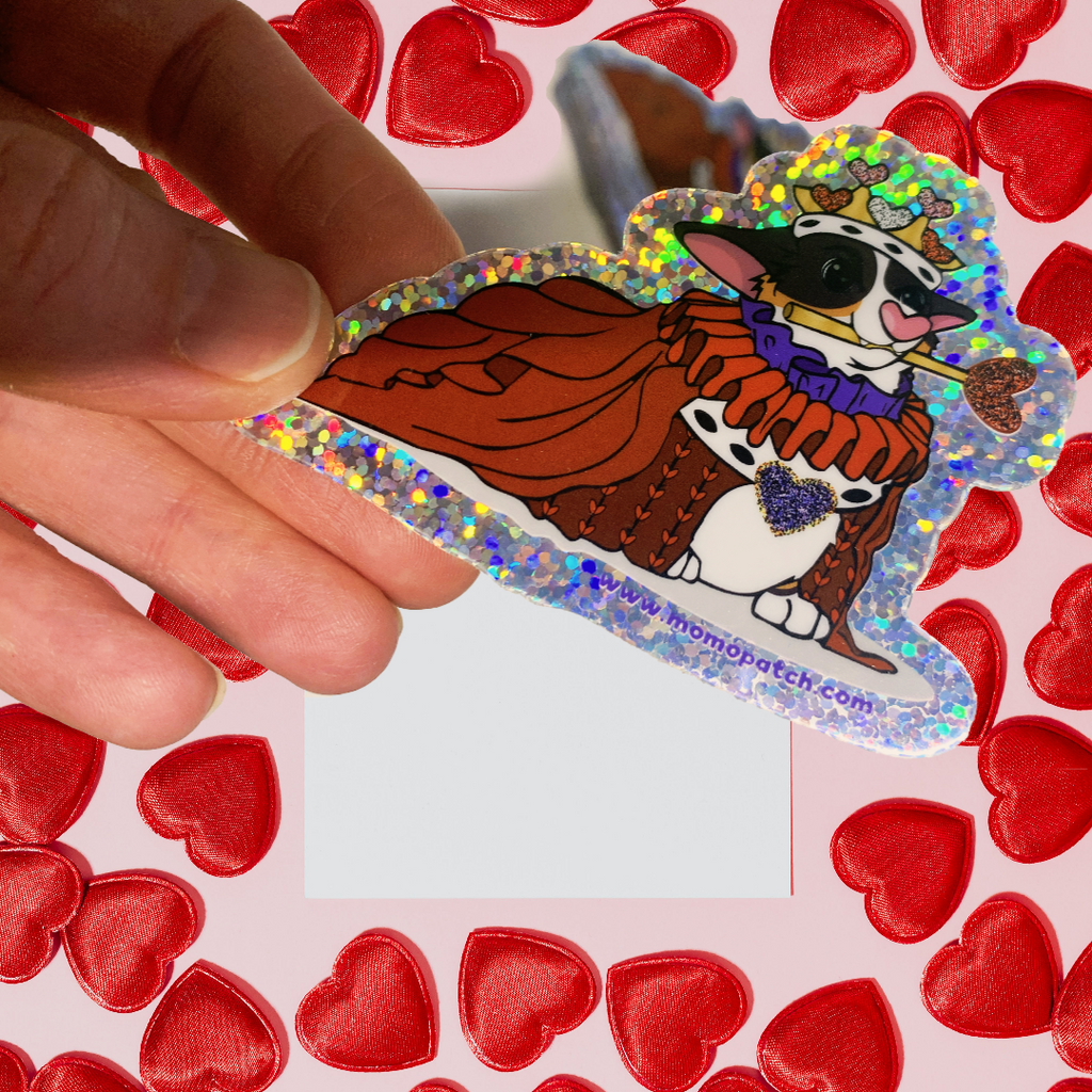 Queen of Hearts Tri Corgi Alice in Wonderland Vinyl Glitter Sticker - Momo Patch