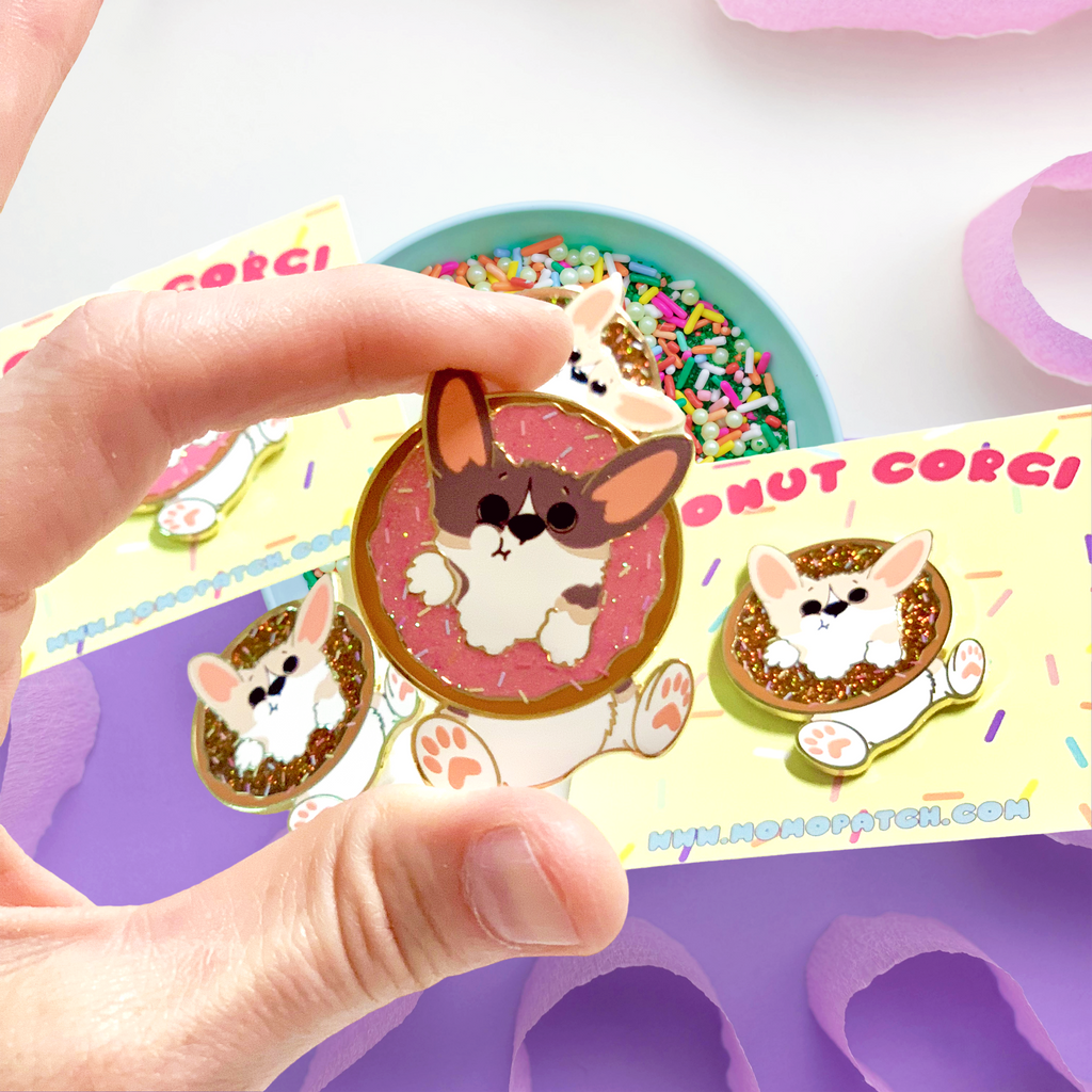 Donut Pembroke Welsh Corgi Glitter Enamel Pin w/ Chocolate or Strawberry Icing and Sprinkles / Fawn / Tri Color - Momo Patch