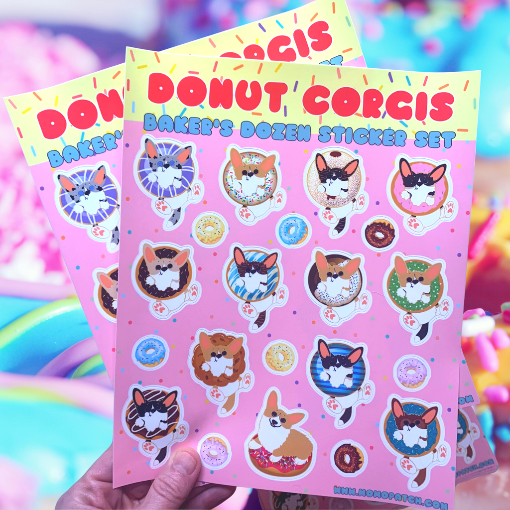 Donut Corgi Vinyl Kiss Cut Sticker Sheet Pembroke and Cardigan Corgis - Momo Patch