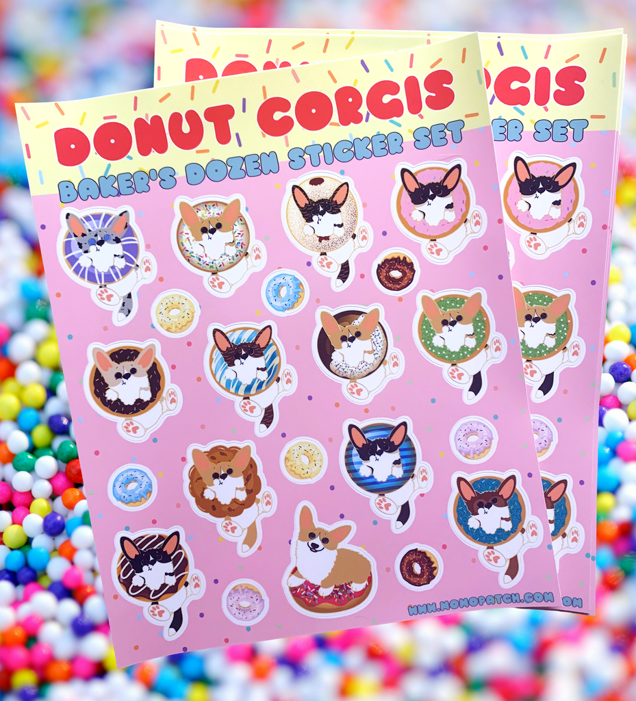 Donut Corgi Vinyl Kiss Cut Sticker Sheet Pembroke and Cardigan Corgis - Momo Patch