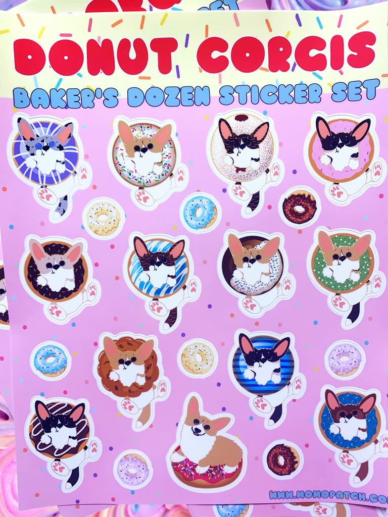 Donut Corgi Vinyl Kiss Cut Sticker Sheet Pembroke and Cardigan Corgis - Momo Patch