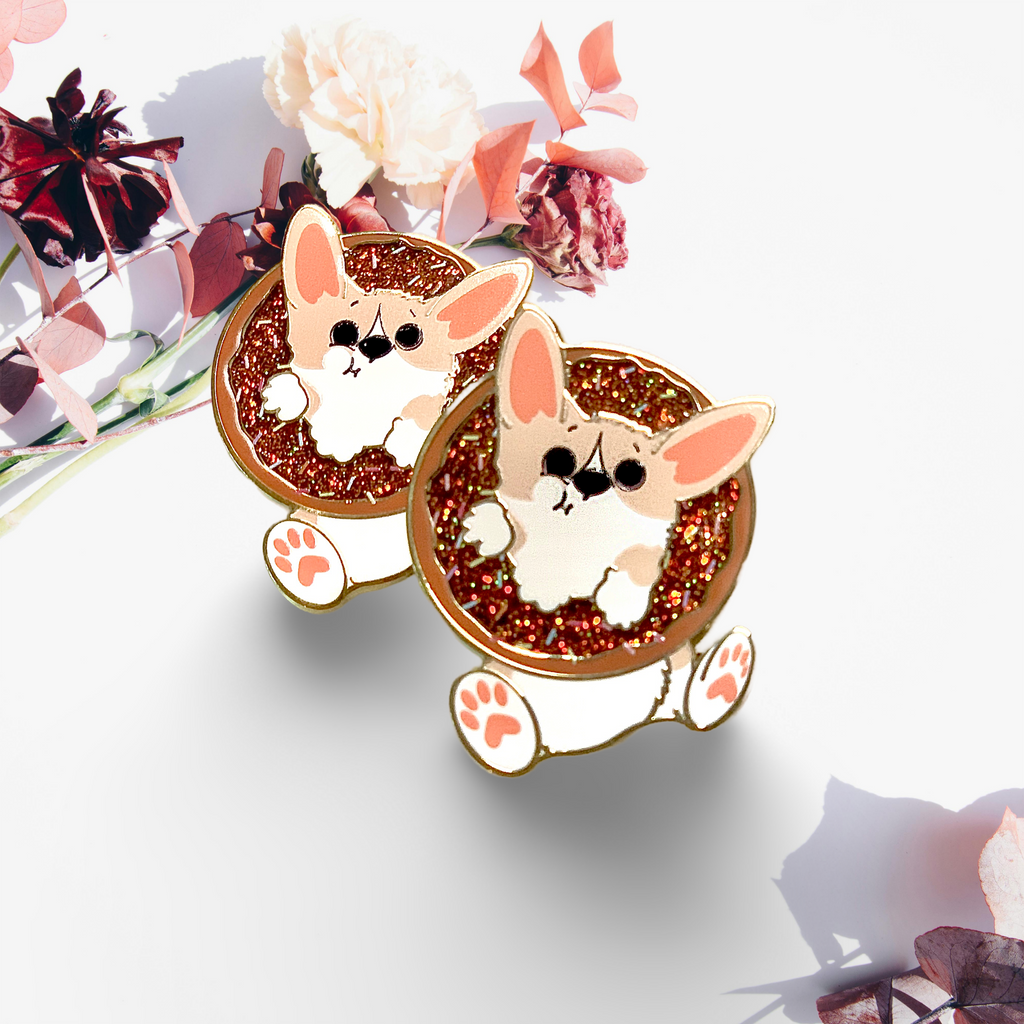 Donut Pembroke Welsh Corgi Glitter Enamel Pin w/ Chocolate or Strawberry Icing and Sprinkles / Fawn / Tri Color - Momo Patch