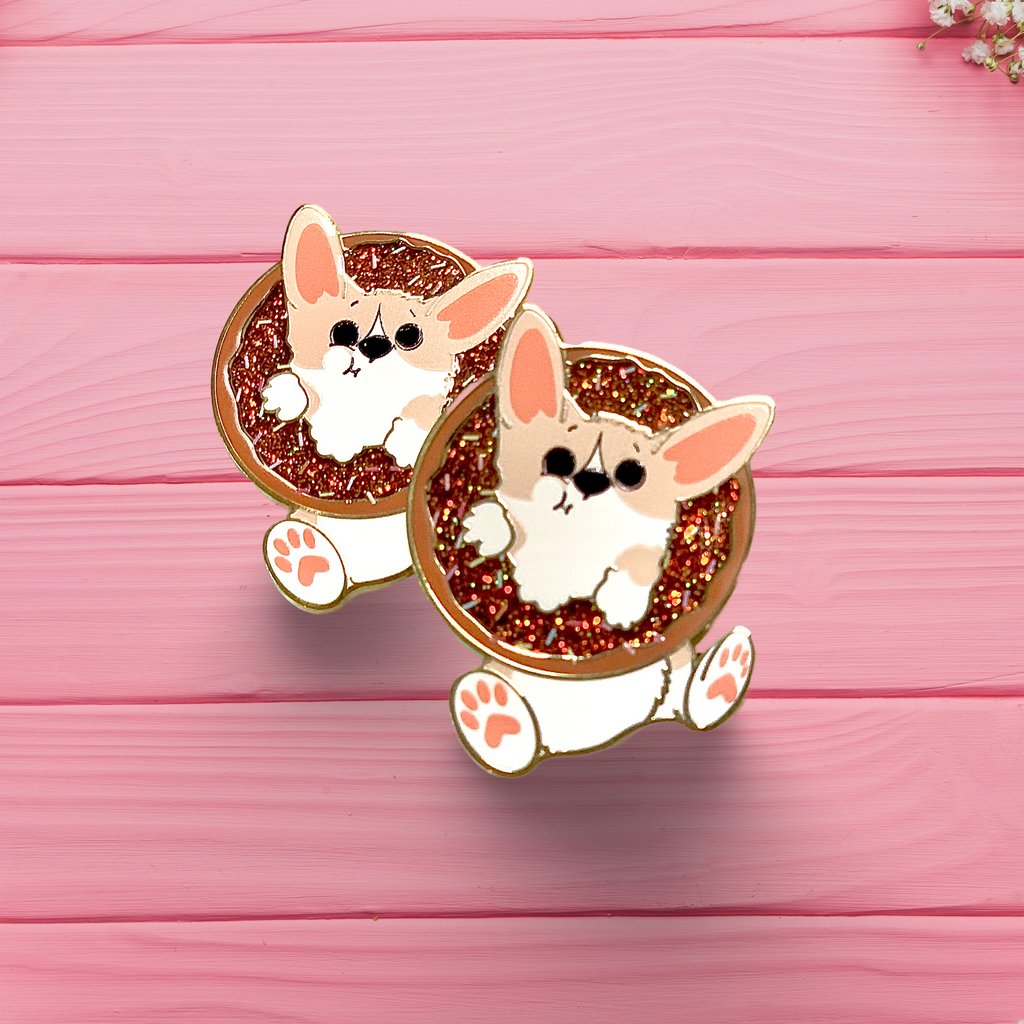 Donut Pembroke Welsh Corgi Glitter Enamel Pin w/ Chocolate or Strawberry Icing and Sprinkles / Fawn / Tri Color - Momo Patch