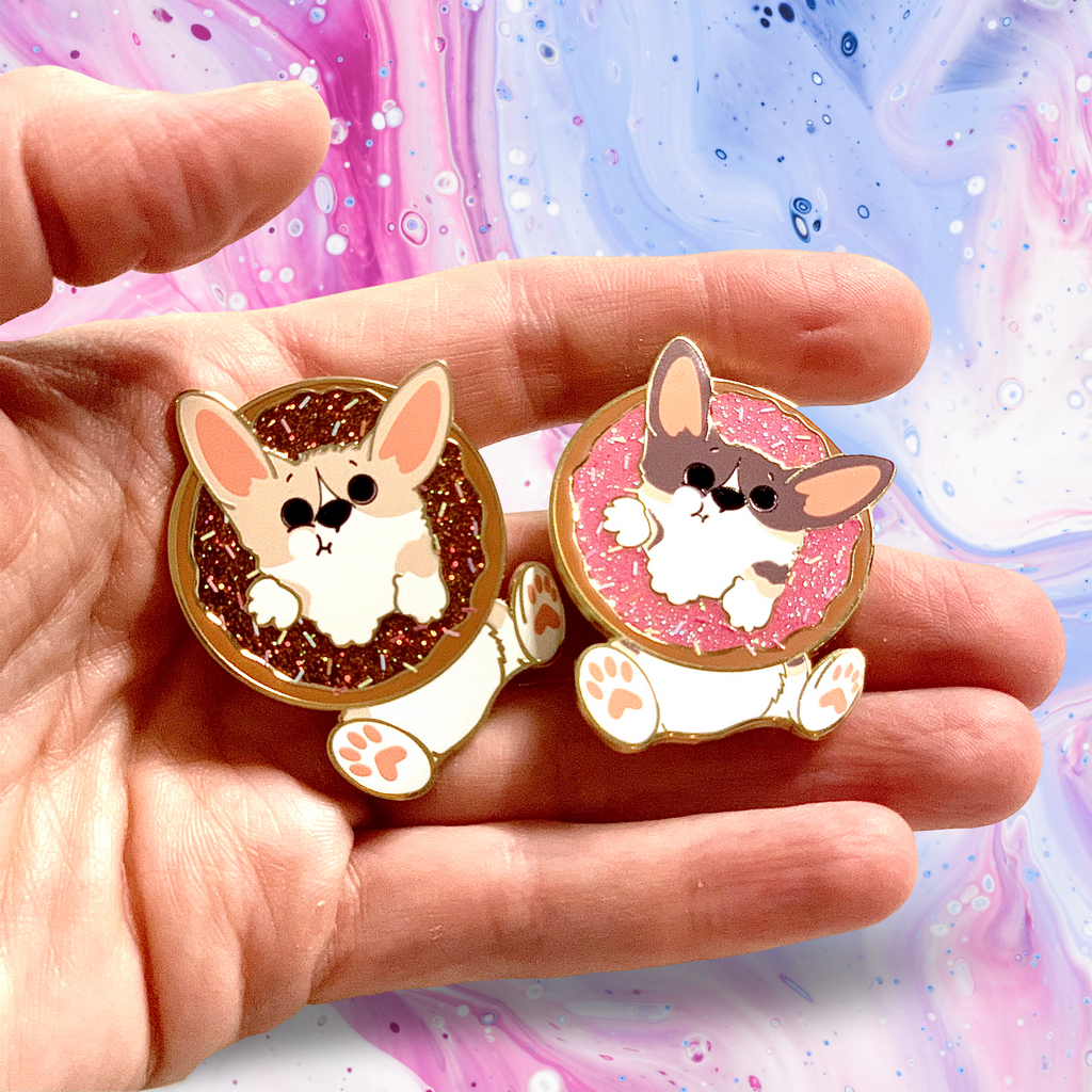 Donut Pembroke Welsh Corgi Glitter Enamel Pin w/ Chocolate or Strawberry Icing and Sprinkles / Fawn / Tri Color - Momo Patch