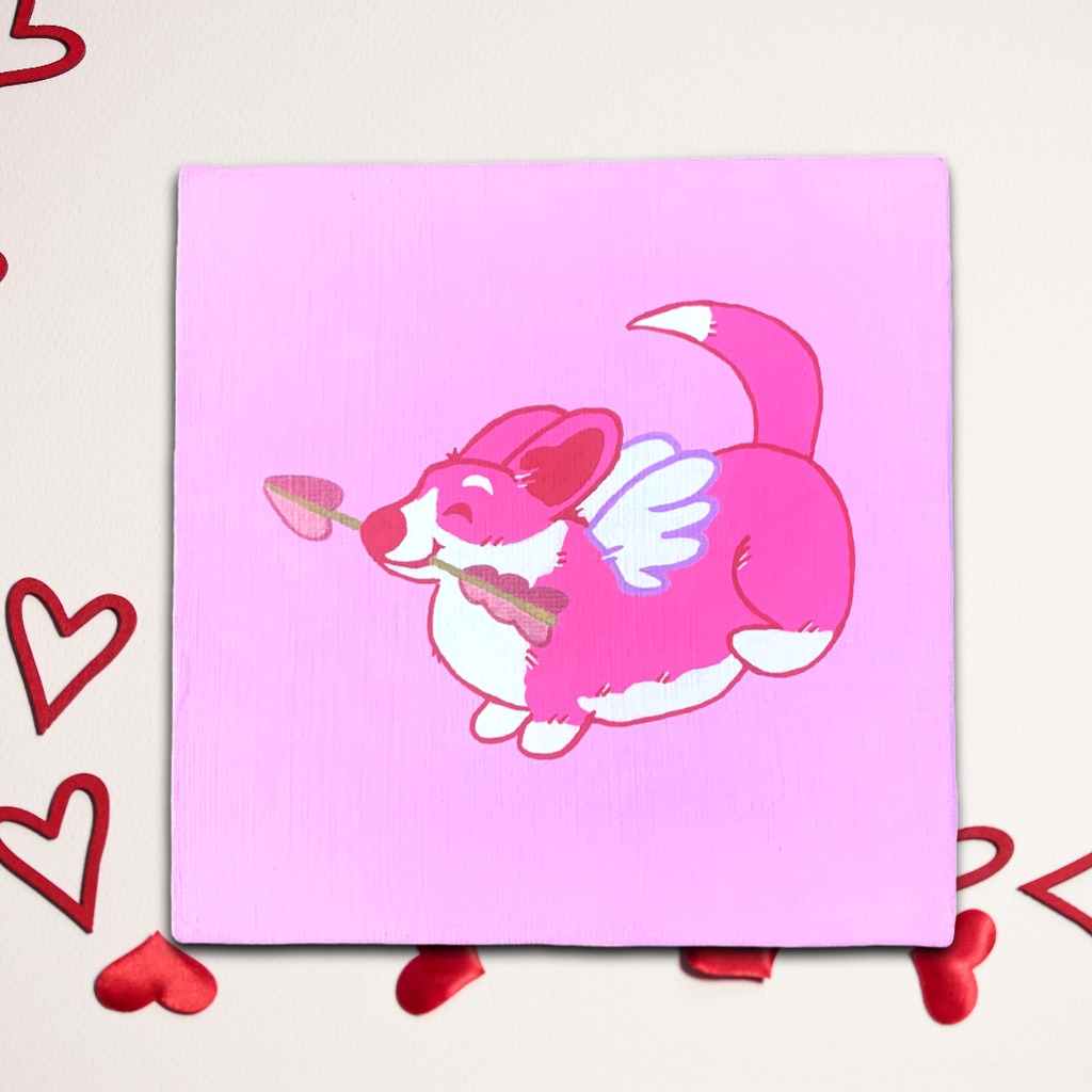 Original Acrylic Paintings on Canvas Corpids in Flight Corgi Cupids 5 x 5" Set of Three FRAMES OR EASLES INCLUDED (buyer's choice) - Momo Patch