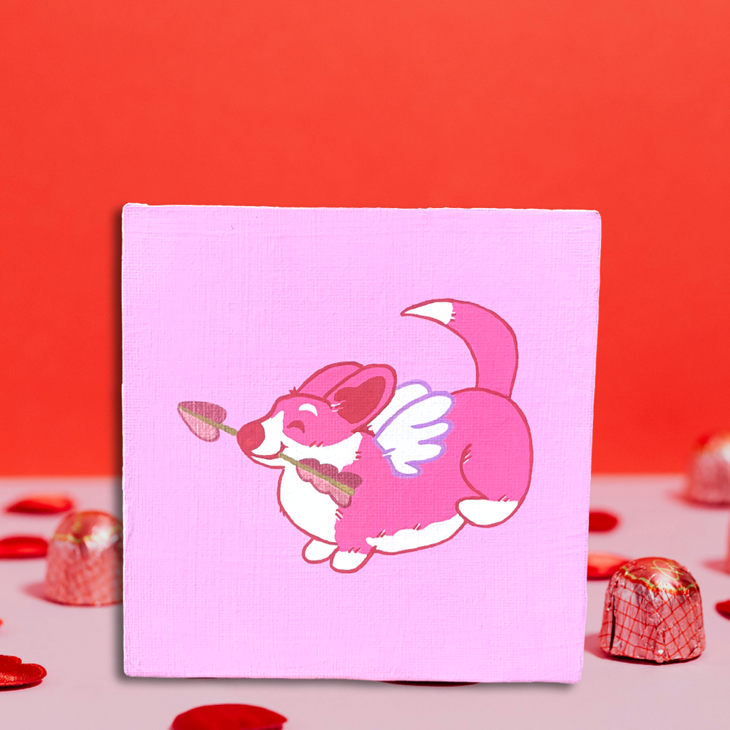 Original Acrylic Paintings on Canvas Corpids in Flight Corgi Cupids 5 x 5" Set of Three FRAMES OR EASLES INCLUDED (buyer's choice) - Momo Patch