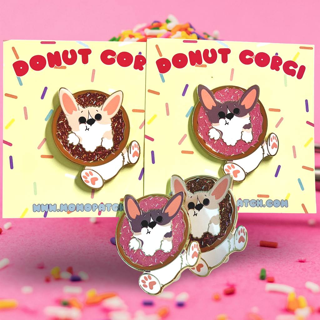 Donut Pembroke Welsh Corgi Glitter Enamel Pin w/ Chocolate or Strawberry Icing and Sprinkles / Fawn / Tri Color - Momo Patch