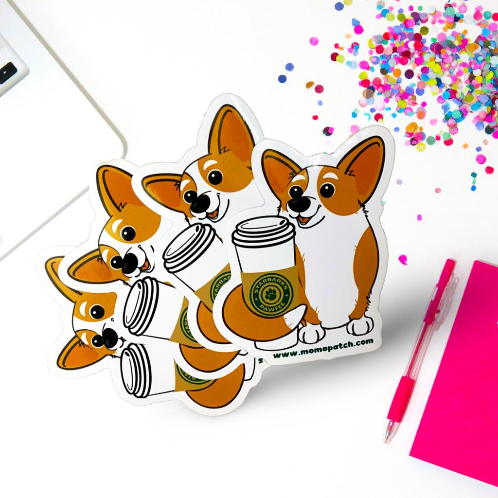 Starbarks Pawfee Coffee Corgi Die Cut Vinyl Glossy Sticker - Momo Patch