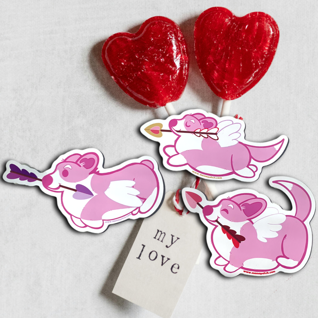 Corgentine Valentine Corgi Vinyl Sticker Set 3 Pack Cupid Corgi Corpid 4 Inches Long - Momo Patch
