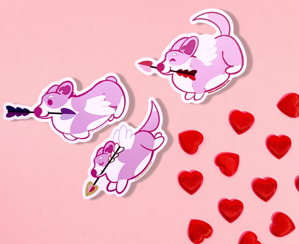 Corgentine Valentine Corgi Vinyl Sticker Set 3 Pack Cupid Corgi Corpid 4 Inches Long - Momo Patch