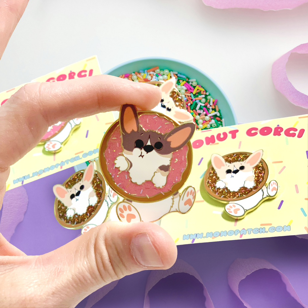 Donut Pembroke Welsh Corgi Glitter Enamel Pin w/ Chocolate or Strawberry Icing and Sprinkles / Fawn / Tri Color - Momo Patch