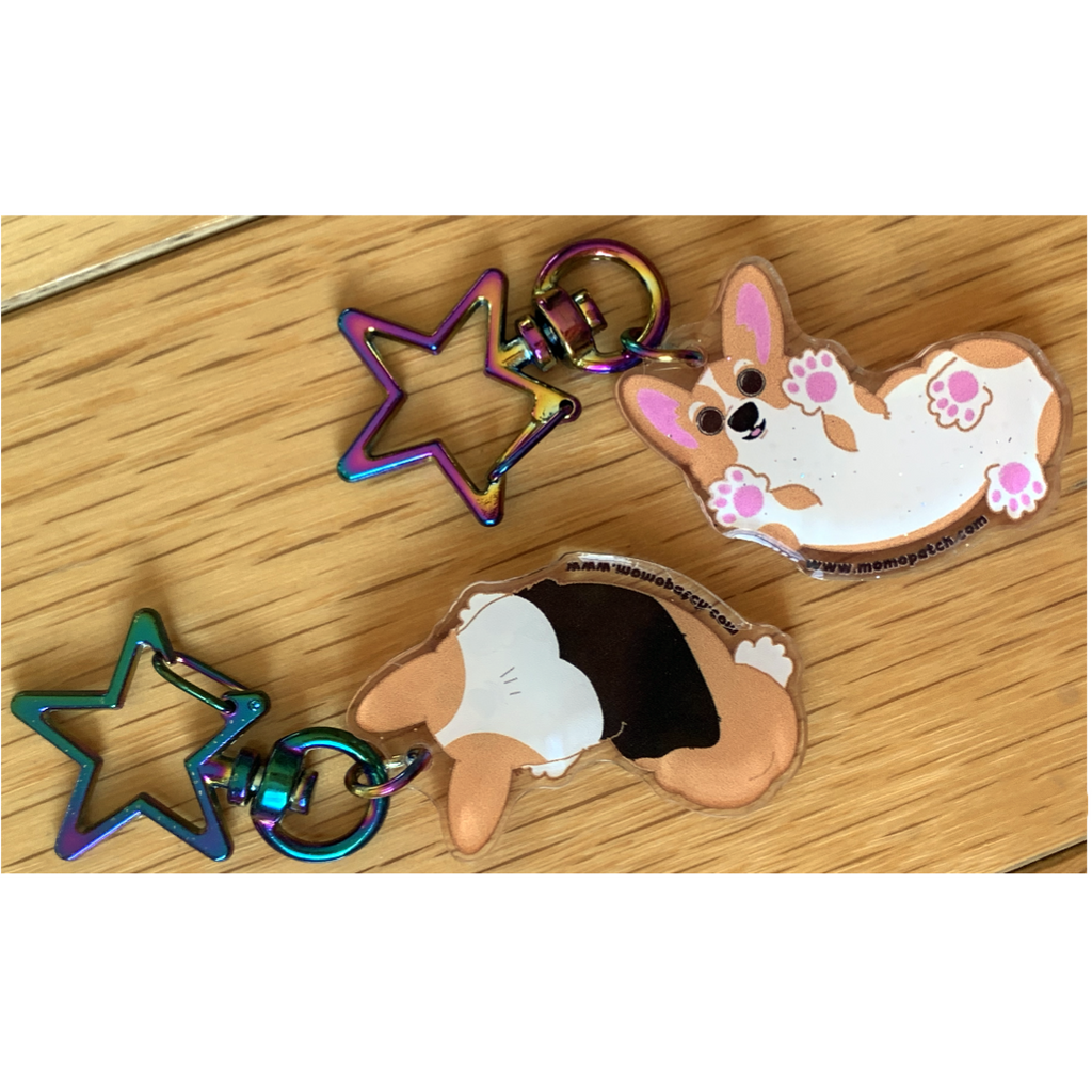 Bottoms Up Double Acrylic Pembroke Welsh Corgi Glitter Resin Dome Keychains - Momo Patch