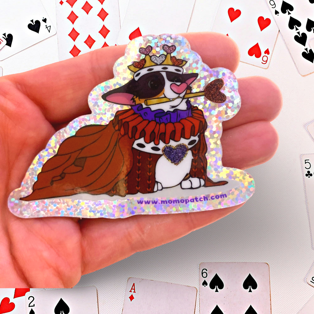 Queen of Hearts Tri Corgi Alice in Wonderland Vinyl Glitter Sticker - Momo Patch