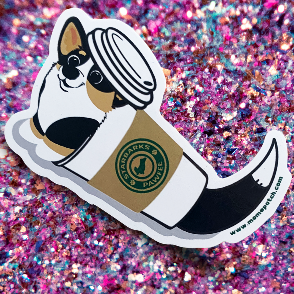 Starbarks Pawfee Coffee TRI Corgi Die Cut Vinyl Glossy Sticker - Momo Patch