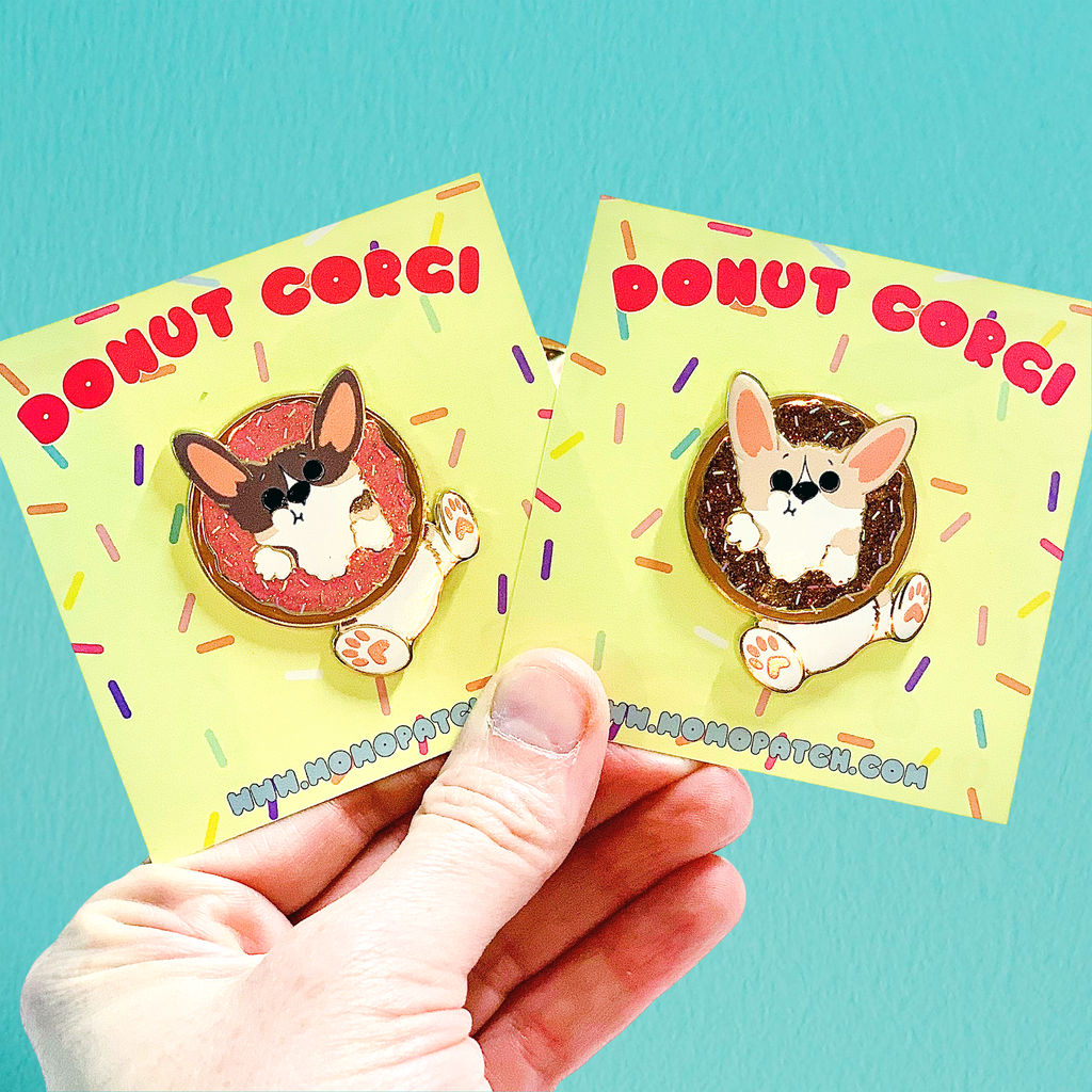 Donut Pembroke Welsh Corgi Glitter Enamel Pin w/ Chocolate or Strawberry Icing and Sprinkles / Fawn / Tri Color - Momo Patch