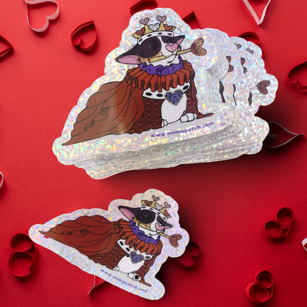Queen of Hearts Tri Corgi Alice in Wonderland Vinyl Glitter Sticker - Momo Patch