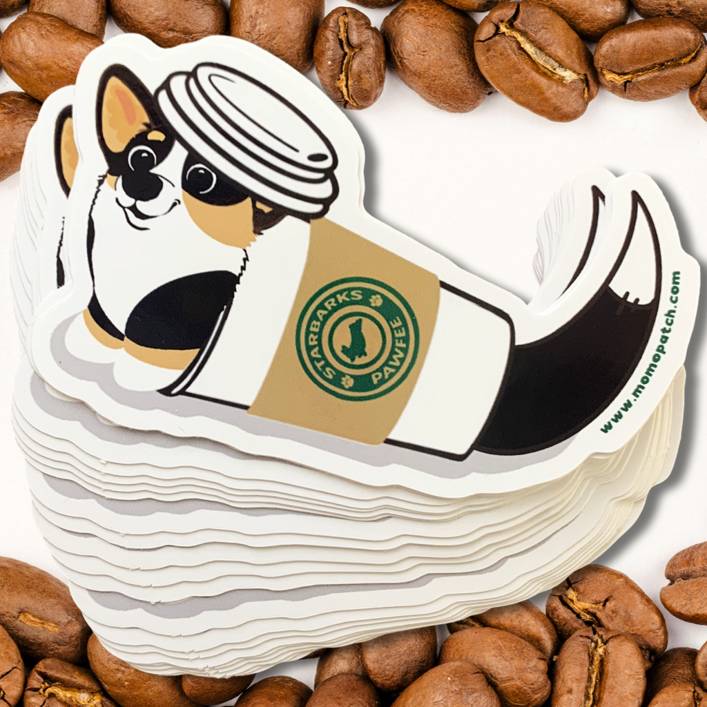 Starbarks Pawfee Coffee TRI Corgi Die Cut Vinyl Glossy Sticker - Momo Patch