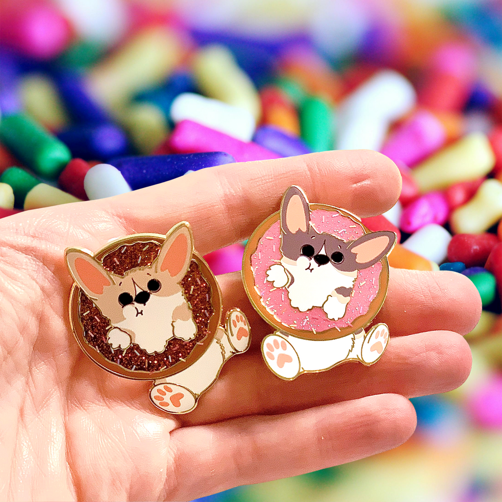 Donut Pembroke Welsh Corgi Glitter Enamel Pin w/ Chocolate or Strawberry Icing and Sprinkles / Fawn / Tri Color - Momo Patch