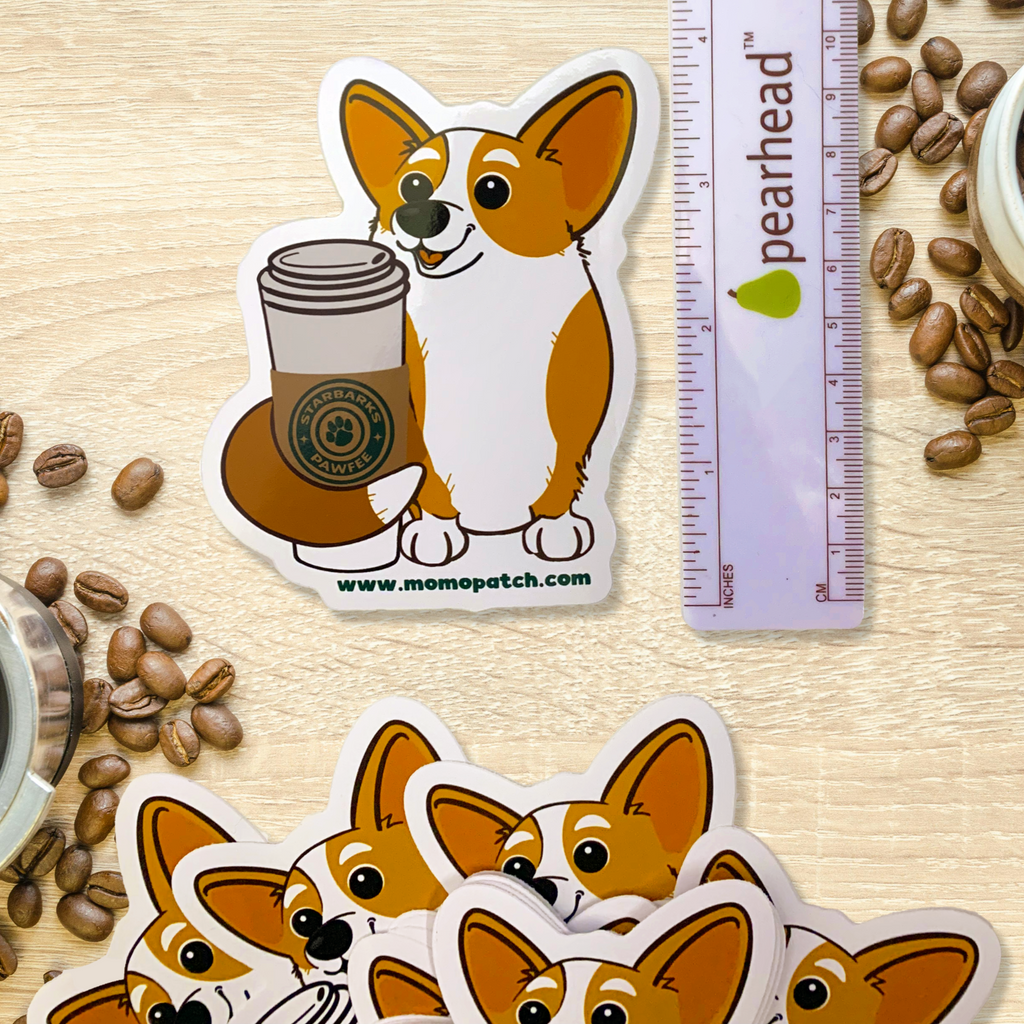 Starbarks Pawfee Coffee Corgi Die Cut Vinyl Glossy Sticker - Momo Patch