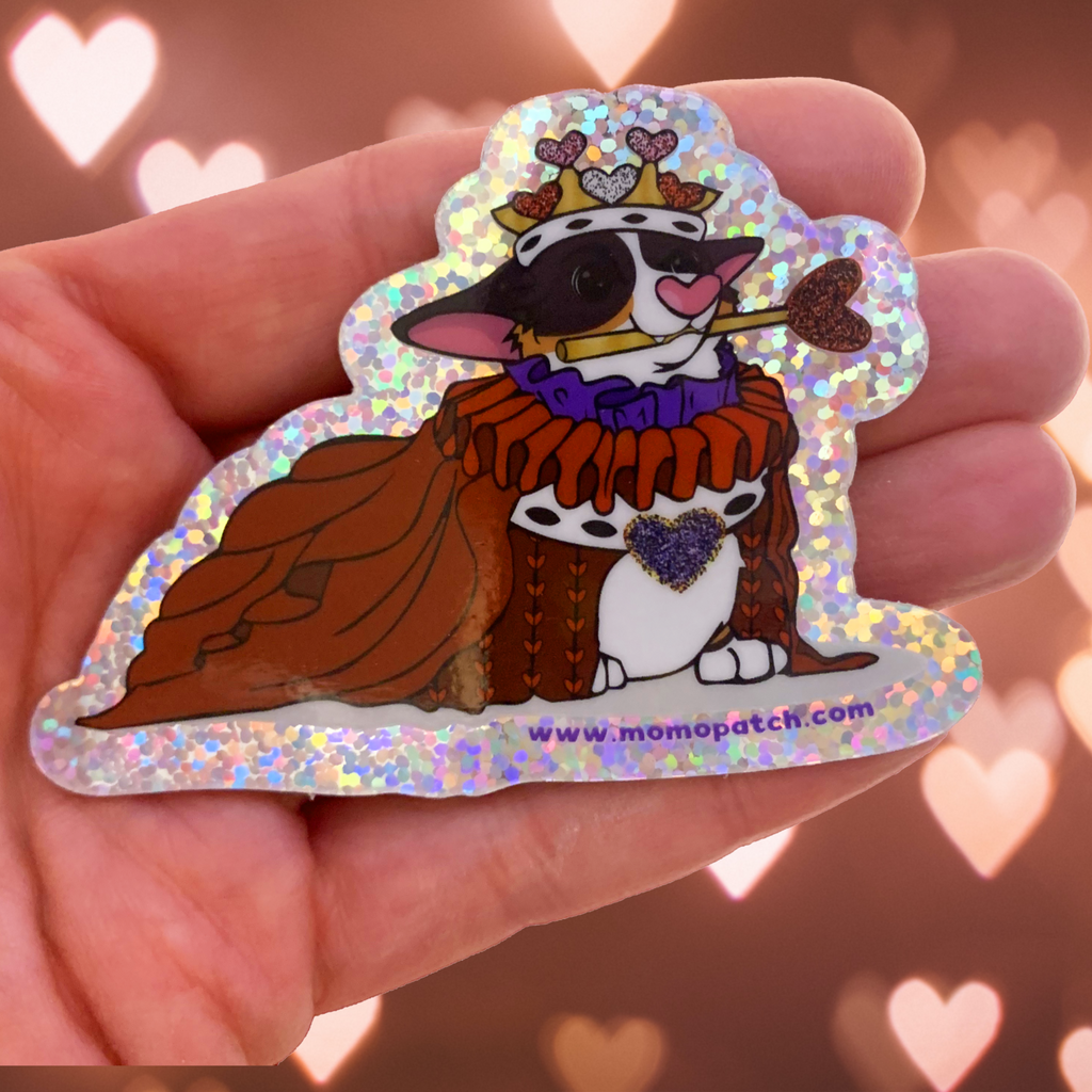 Queen of Hearts Tri Corgi Alice in Wonderland Vinyl Glitter Sticker - Momo Patch