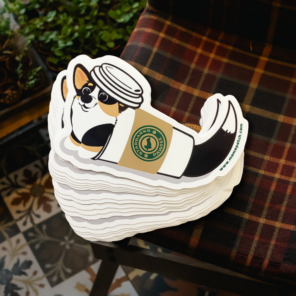 Starbarks Pawfee Coffee TRI Corgi Die Cut Vinyl Glossy Sticker - Momo Patch