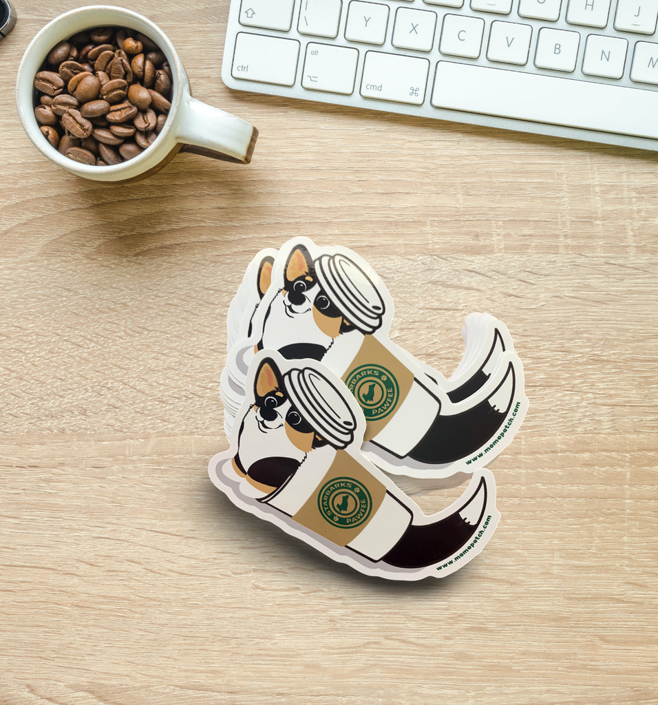 Starbarks Pawfee Coffee TRI Corgi Die Cut Vinyl Glossy Sticker - Momo Patch