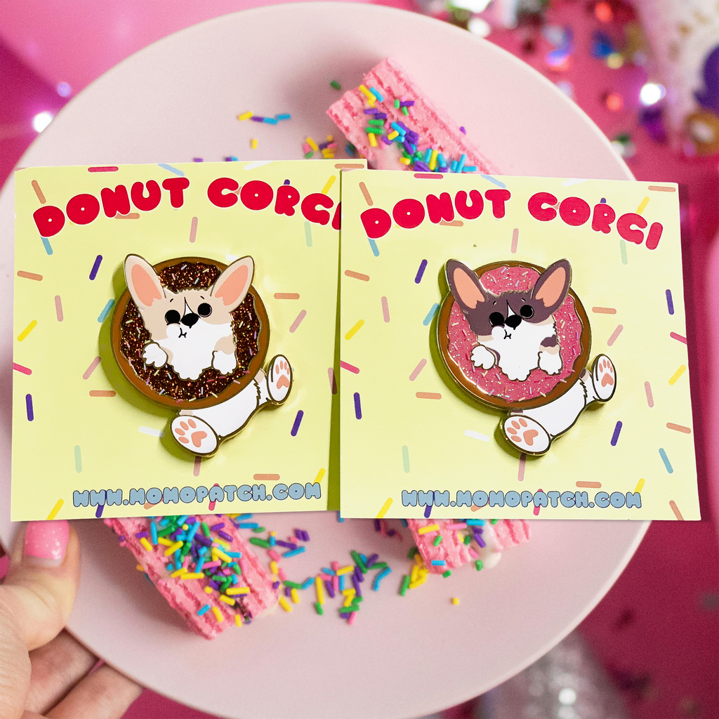 Donut Pembroke Welsh Corgi Glitter Enamel Pin w/ Chocolate or Strawberry Icing and Sprinkles / Fawn / Tri Color - Momo Patch