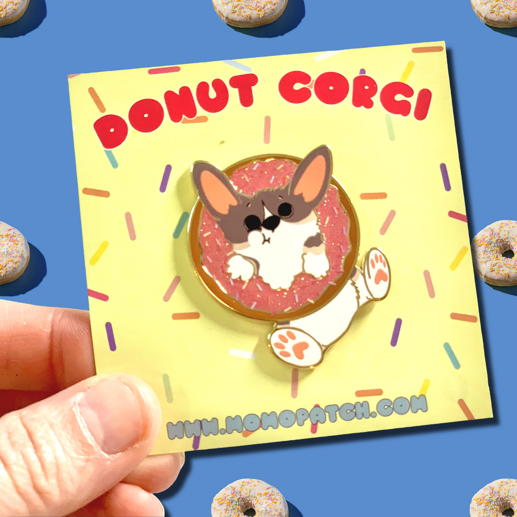 Donut Pembroke Welsh Corgi Glitter Enamel Pin w/ Chocolate or Strawberry Icing and Sprinkles / Fawn / Tri Color - Momo Patch