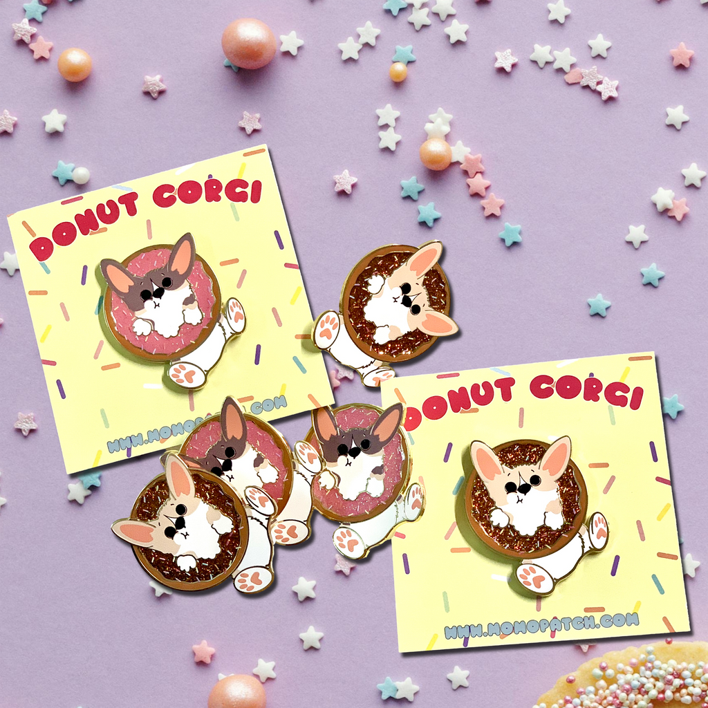 Donut Pembroke Welsh Corgi Glitter Enamel Pin w/ Chocolate or Strawberry Icing and Sprinkles / Fawn / Tri Color - Momo Patch