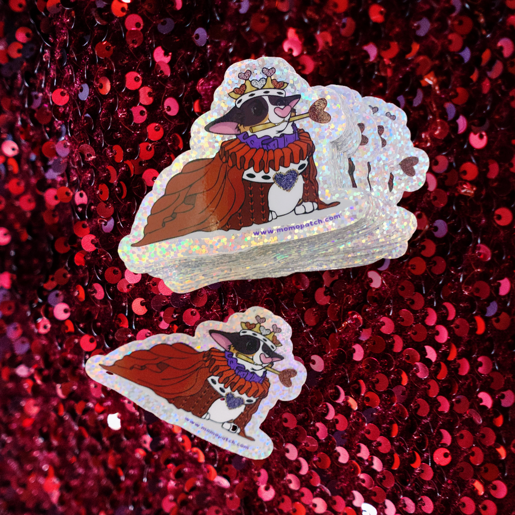 Queen of Hearts Tri Corgi Alice in Wonderland Vinyl Glitter Sticker - Momo Patch