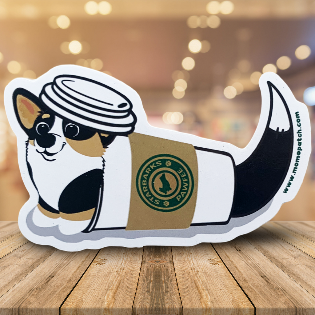 Starbarks Pawfee Coffee TRI Corgi Die Cut Vinyl Glossy Sticker - Momo Patch