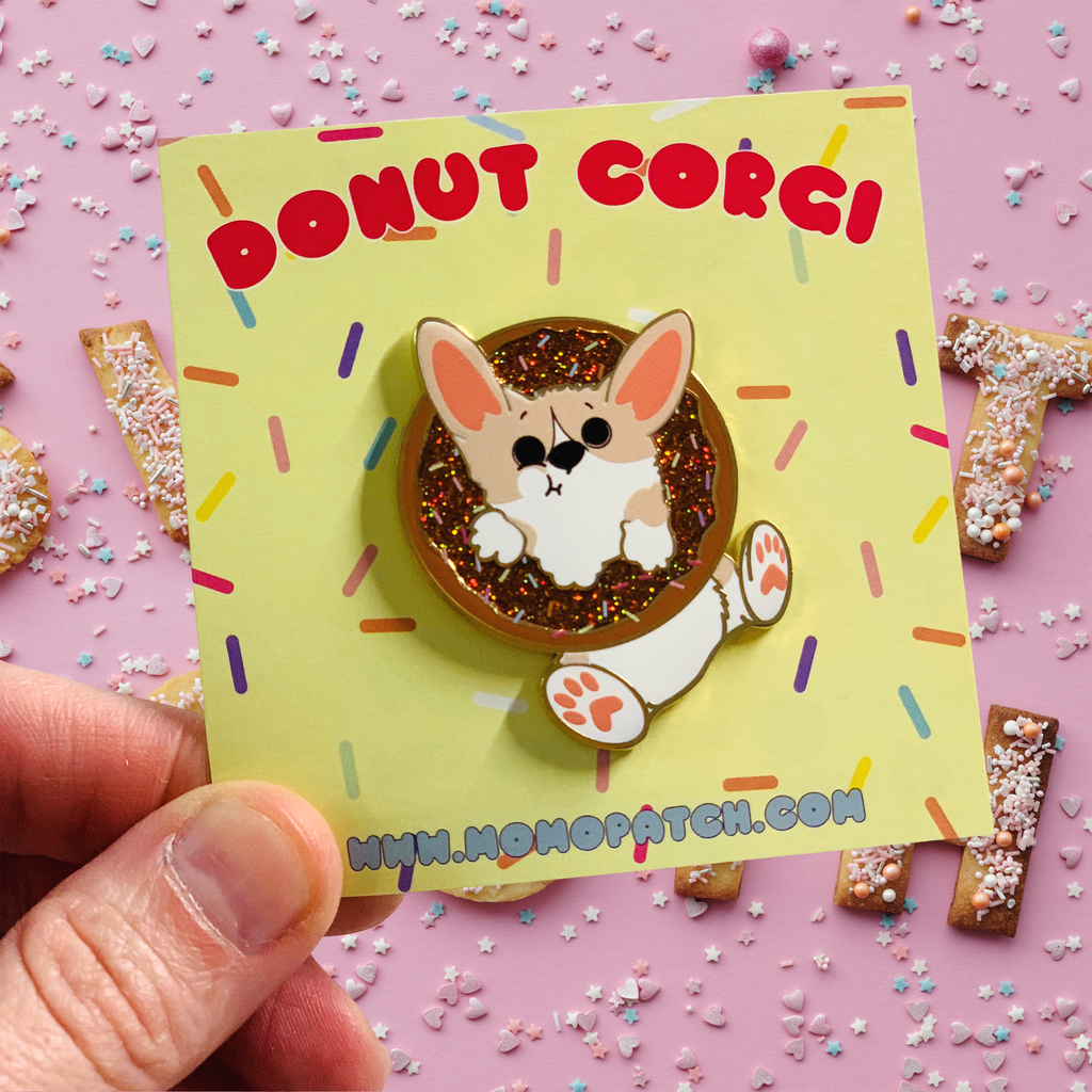 Donut Pembroke Welsh Corgi Glitter Enamel Pin w/ Chocolate or Strawberry Icing and Sprinkles / Fawn / Tri Color - Momo Patch