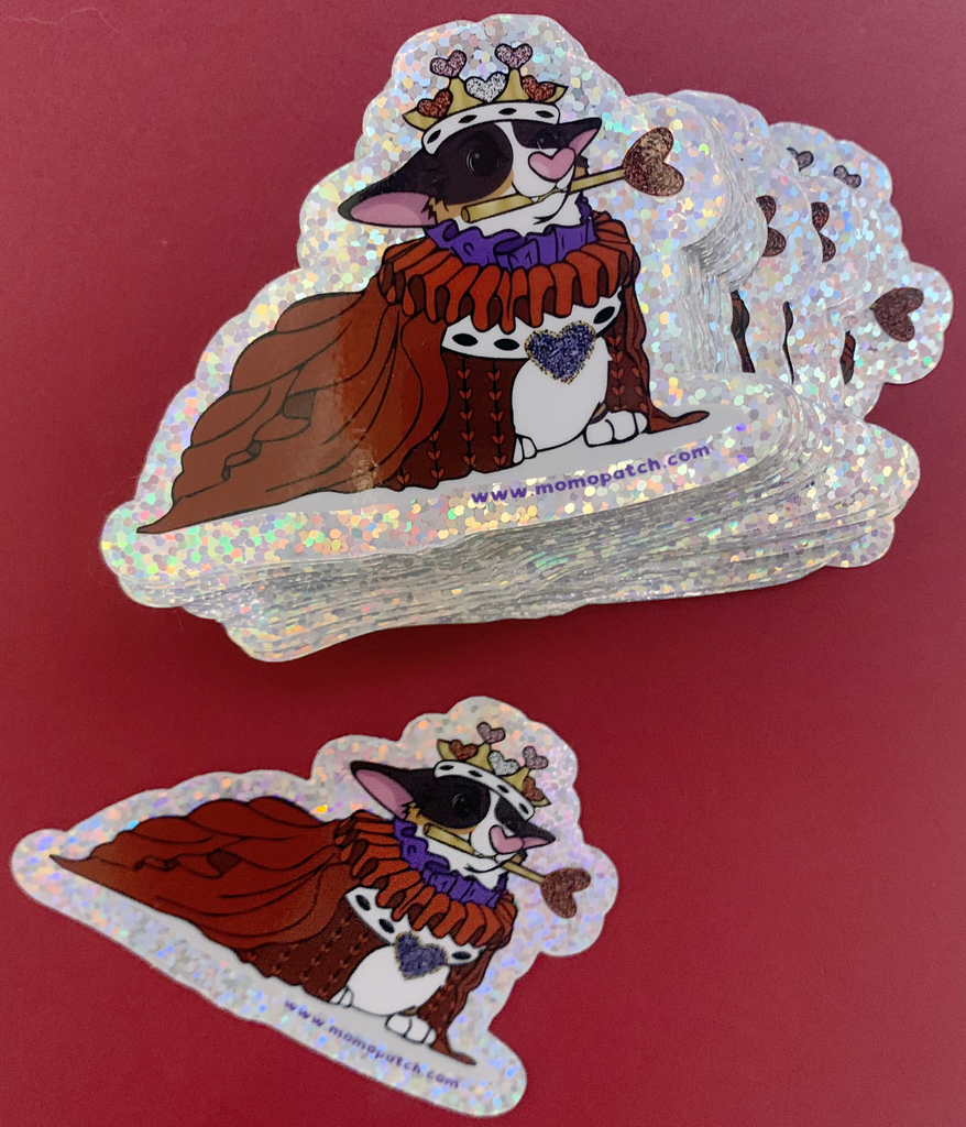 Queen of Hearts Tri Corgi Alice in Wonderland Vinyl Glitter Sticker - Momo Patch