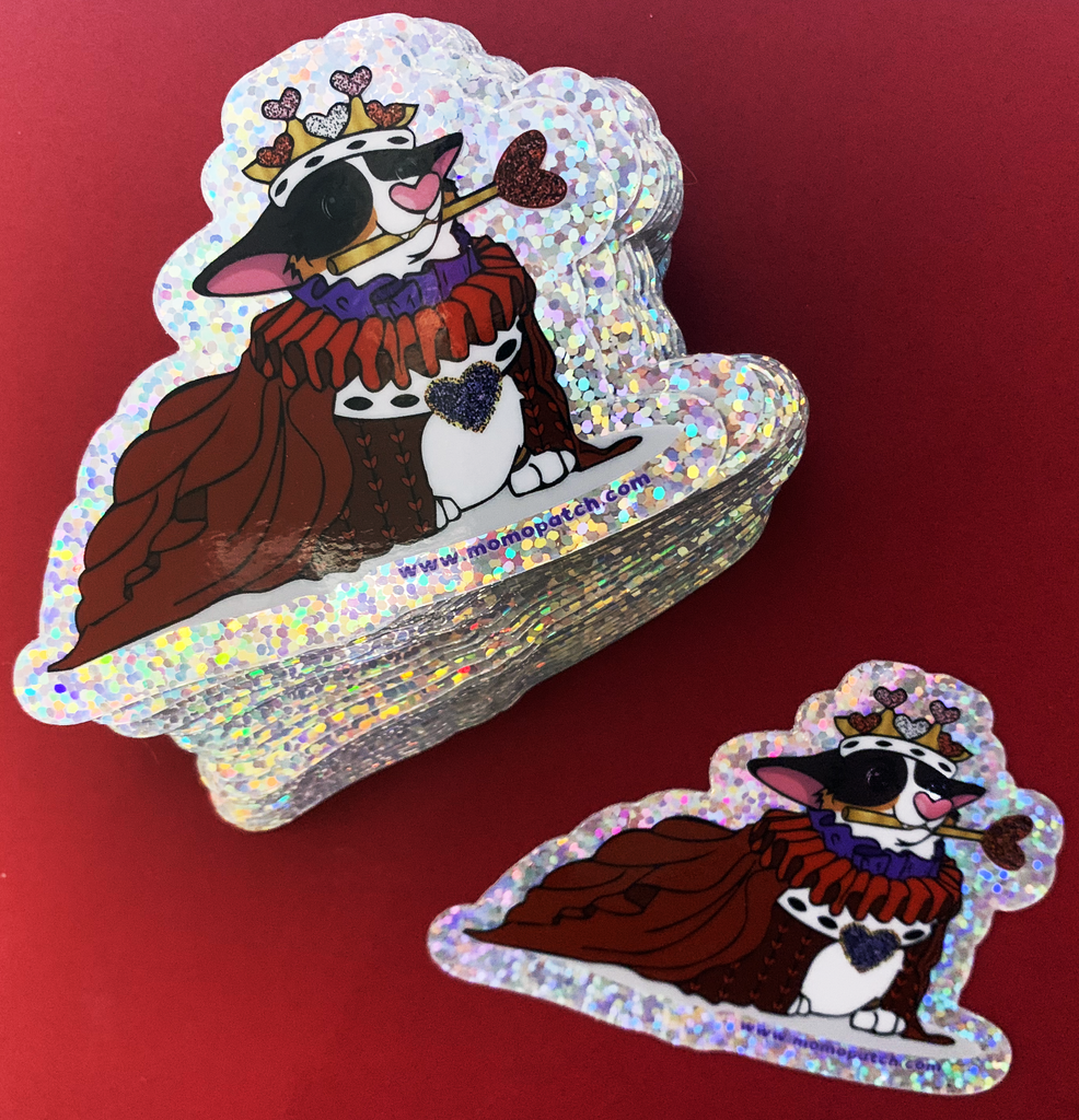 Queen of Hearts Tri Corgi Alice in Wonderland Vinyl Glitter Sticker - Momo Patch